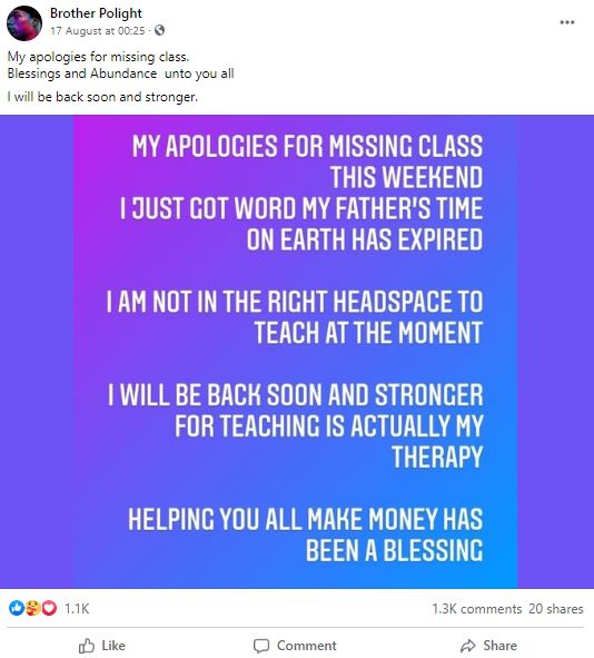 Brother Polight's Facebook post