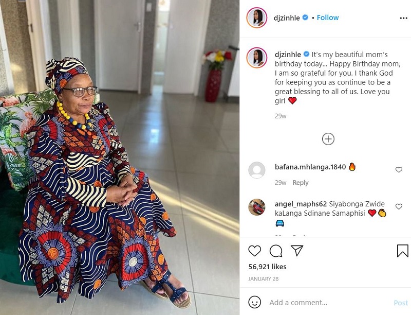 DJ Zinhle posted a picture of her mother Jabu Jiyane on the ocassion of her birthday
