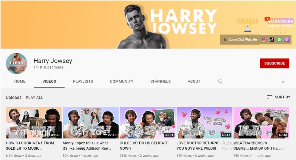 Harry Jowsey's Youtube channel