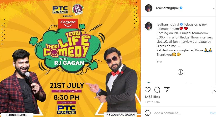Harsh Gujral appeared on PTC Punjabi