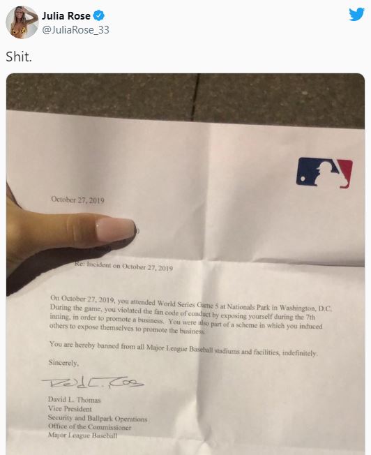Julia Rose banned from MLB events