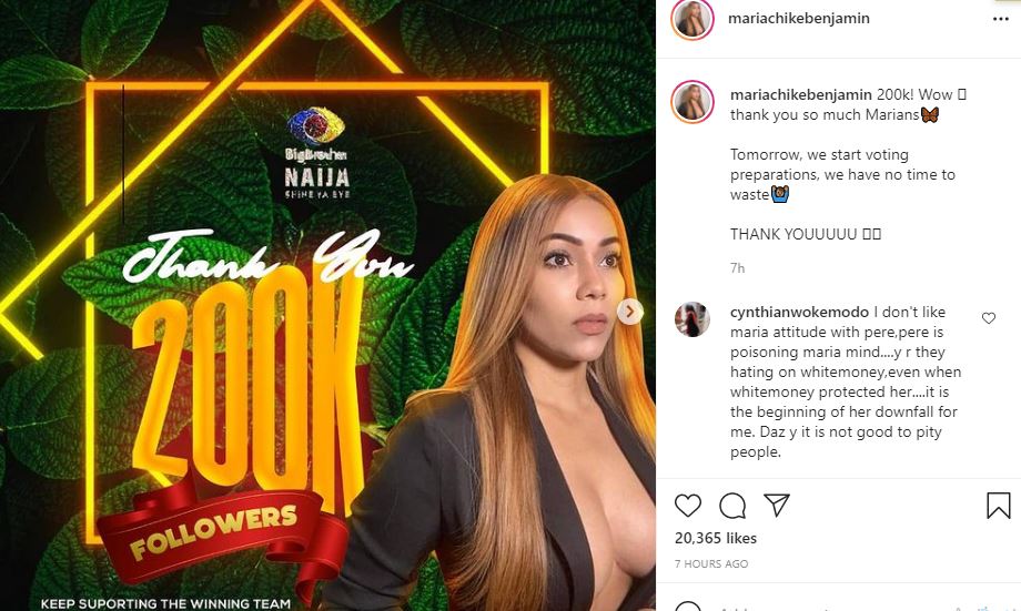 Maria BBNaija's Instagram crossed over 200K followers