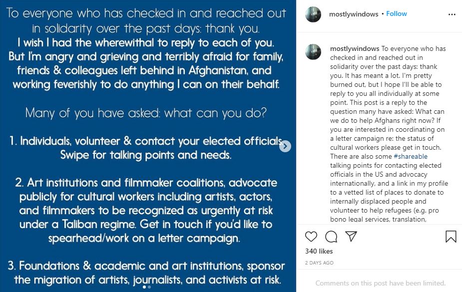 Mariam Ghani posted a note on her IG profile