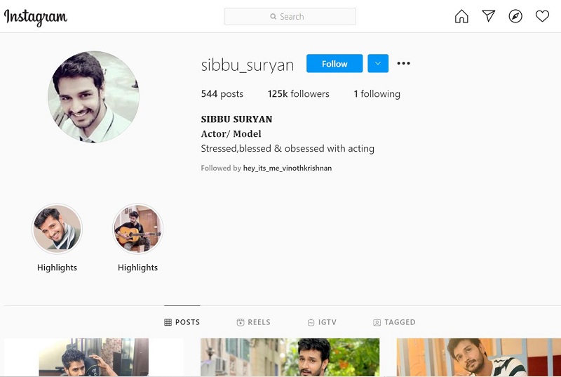 Sibbu Suryan Instagram account