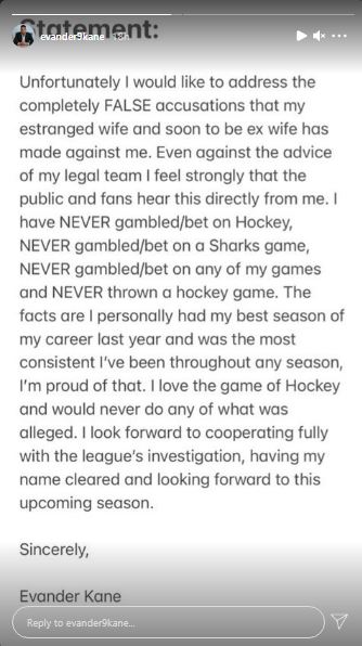 Statement by Evander Kane