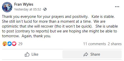 Fran Wyles updated about Kate Quigley condition