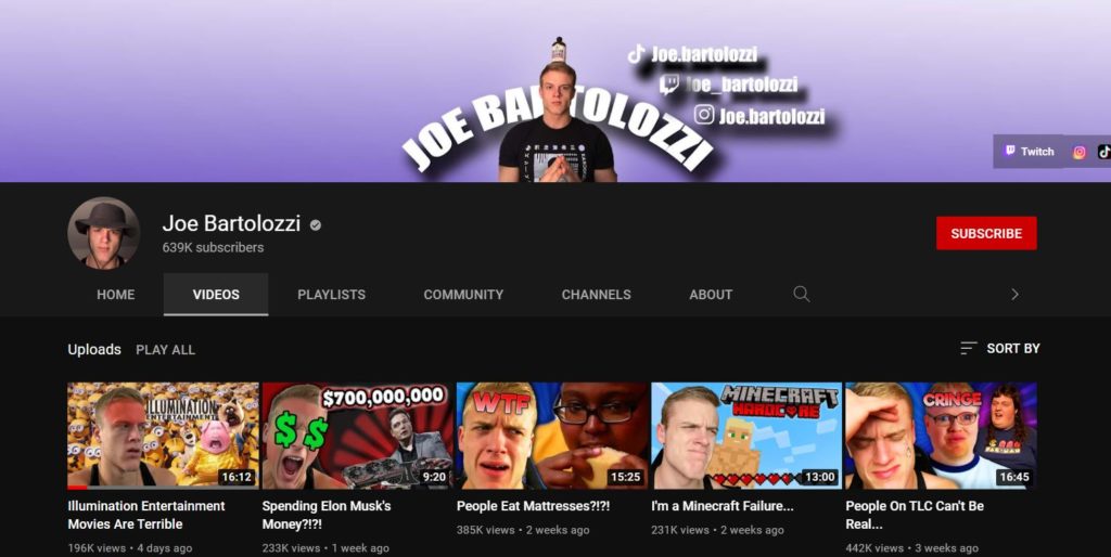 Joe Bartolozzi Youtube channel