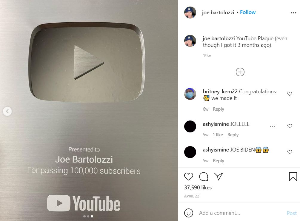 Joe Bartolozzi earned silver Youtube play button