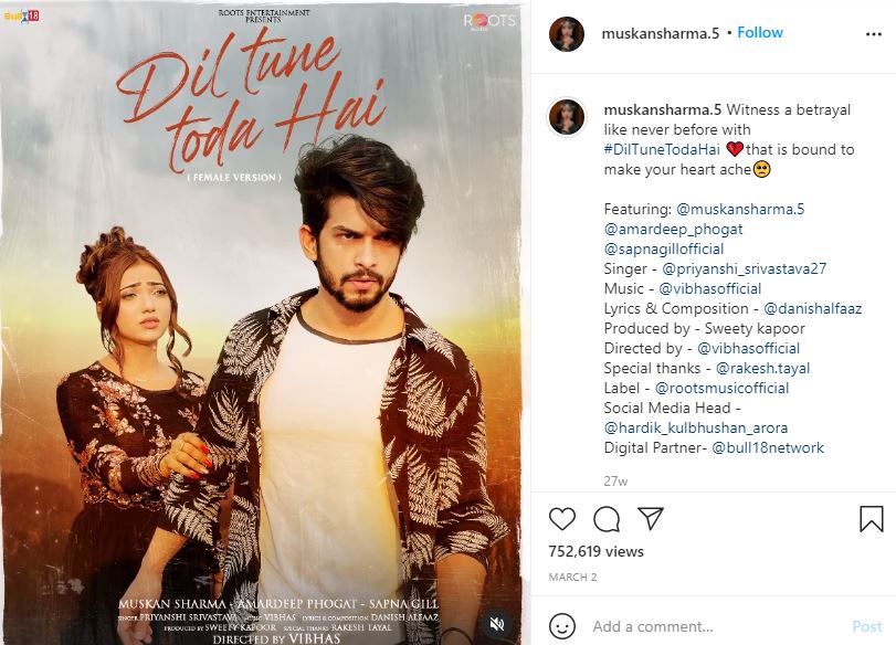 Muskan Sharma featured in a song Dil Tune Toda Hai