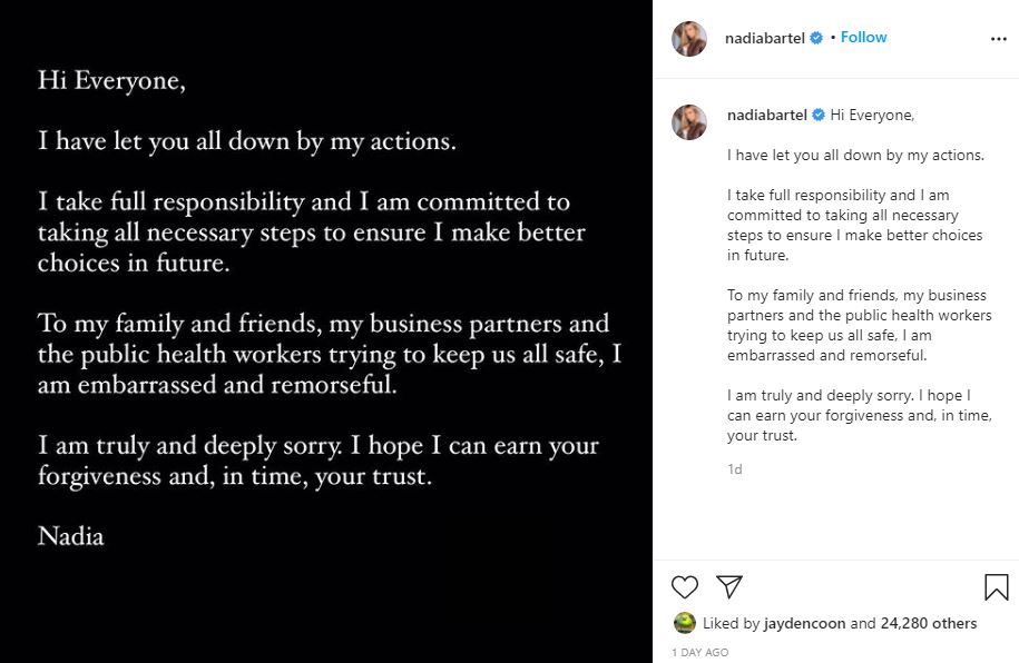 Nadia Bartel apologized her fan for her action