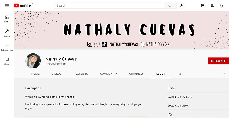 Nathaly Cuevas YouTube channel