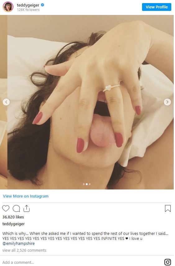 Teddy Geiger and Emily Hampshire engagement ended in June 2019