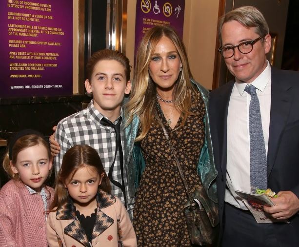 James Wilkie Broderick with his dad Matthew Broderick, mother Sarah Jessica Parker, sisters Marion Loretta Elwell Broderick and Tabitha Hodge Broderick