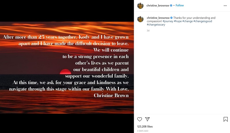 Christine Brown announced her separation from her husband Kody Brown on November 02, 2021