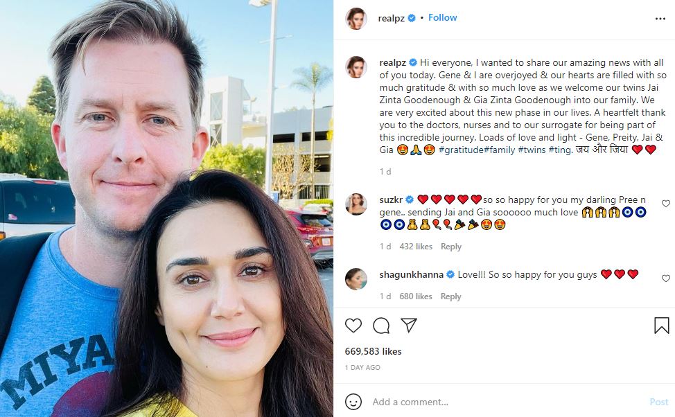 Preity Zinta announced the welcome of her twins