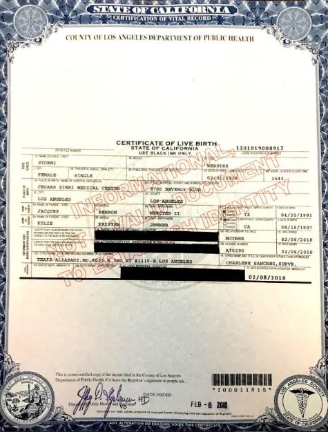 Stormi Webster's birth certificate
