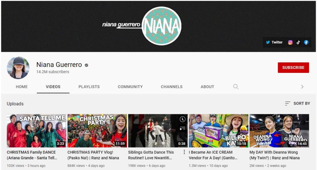 Niana Guerrero Youtube channel