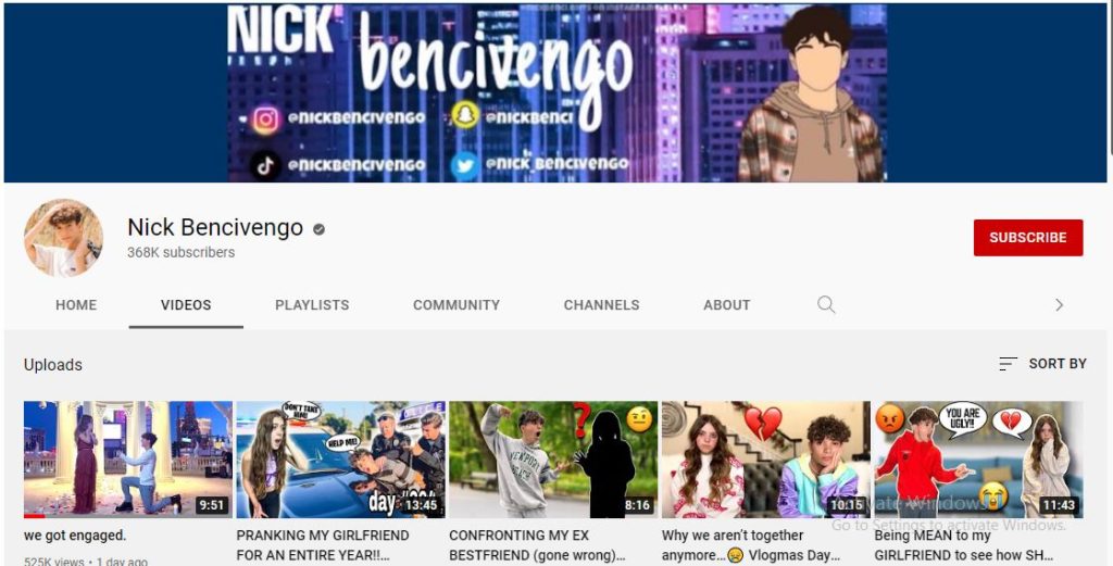 Nick Bencivengo Youtube channel