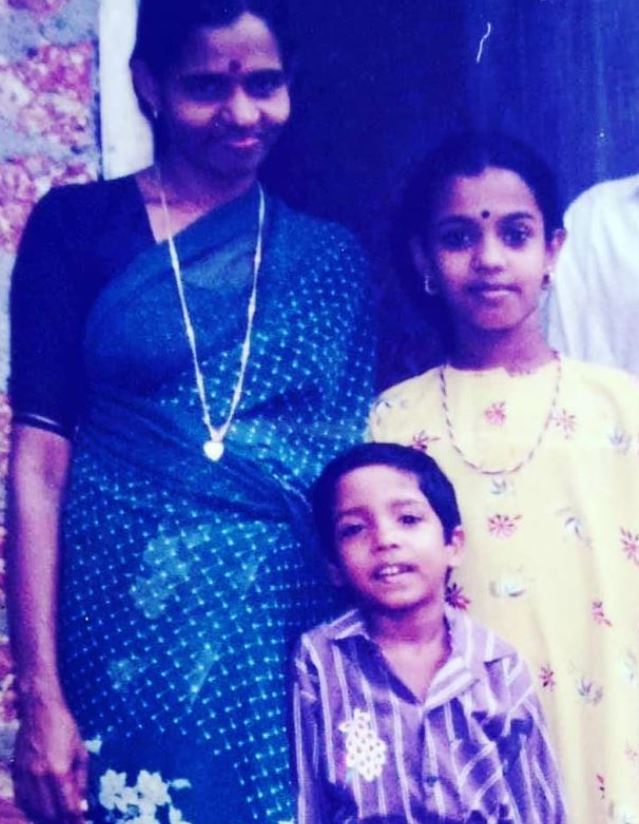 The childhood image of Sreekanth Vettiyar with his sister and mom