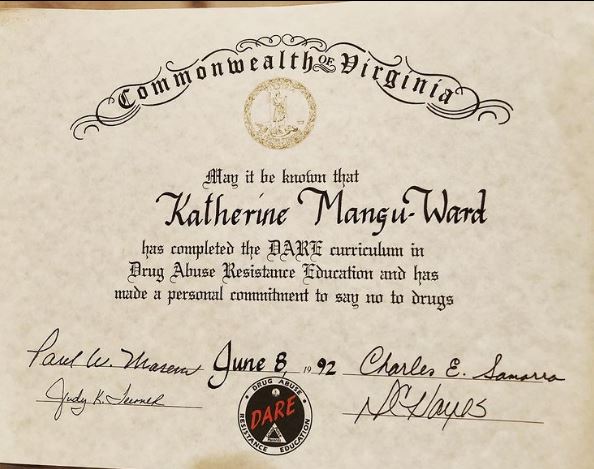 Katherine Mangu-Ward got certificate for Drug Abuse Resistance Education