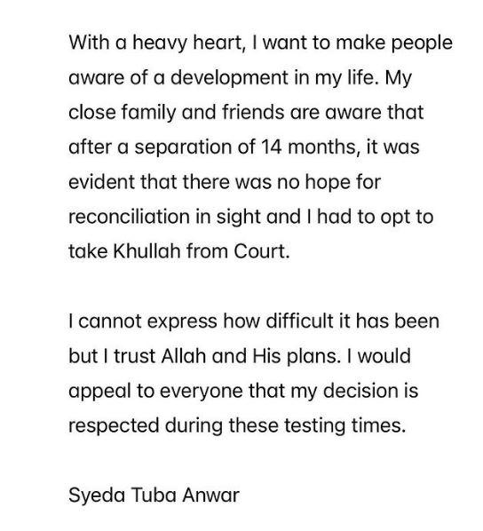 Syeda Tuba Anwar's IG post