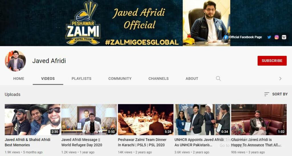 Afridi's Youtube channel