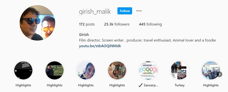 Girish Malik's Instagram account