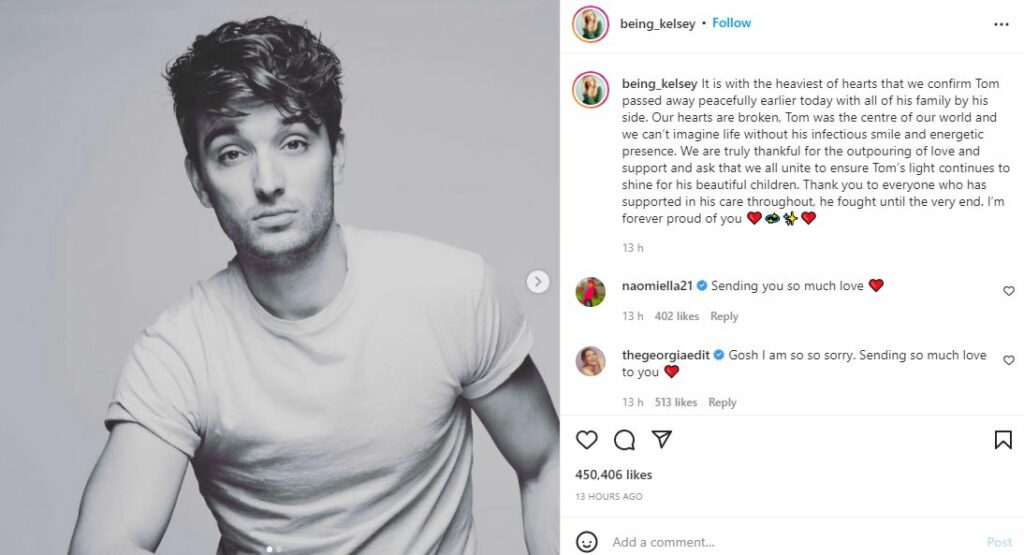 Kelsey Hardwick shares Tom Parker death news