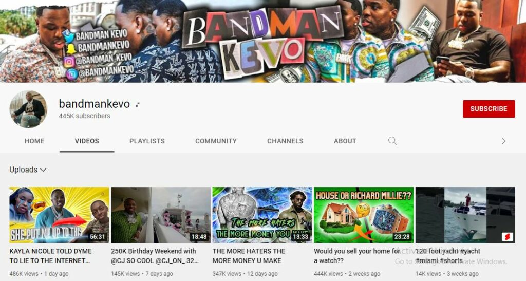 Bandman Kevo's Youtube account