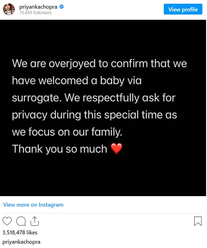 Malti Marie Chopra Jonas was born via surrogacy on January 15, 2022