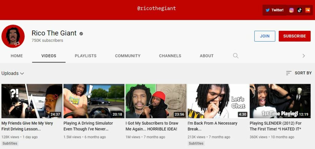 Rico The Giant Youtube channel