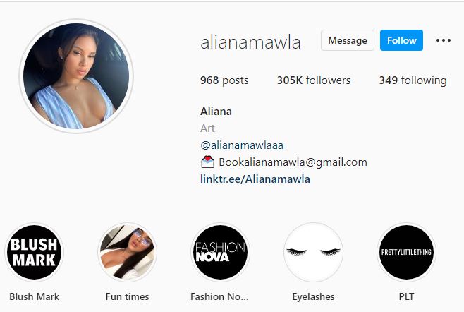 Aliana Mawla's Instagram account