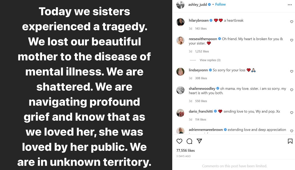 Michael Ciminella daughter Ashley Judd revealed that Naomi Judd died by suicide on April 30, 2022