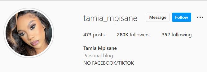 Tamia Mpisane's Instagram account