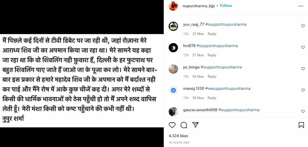 Nupur Sharma's IG post