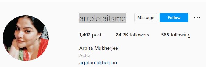 Arpita Mukherjee's Instagram account