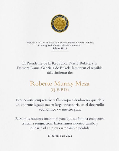 Roberto Murray Meza death note by Nayib Bukele and Gabriela de Bukele
