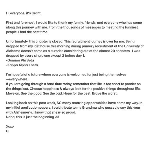 Grant Sikes note for getting rejected from every sorority