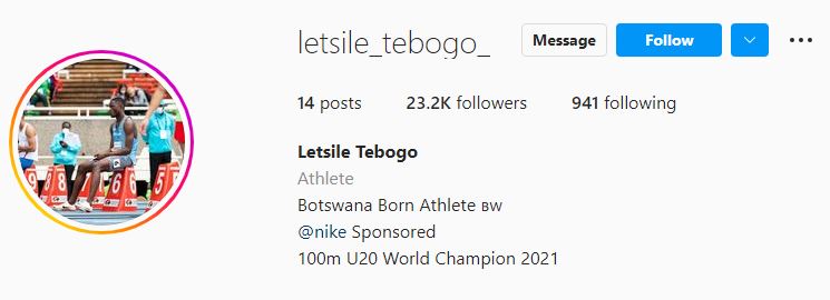 Letsile Tebogo IG handle