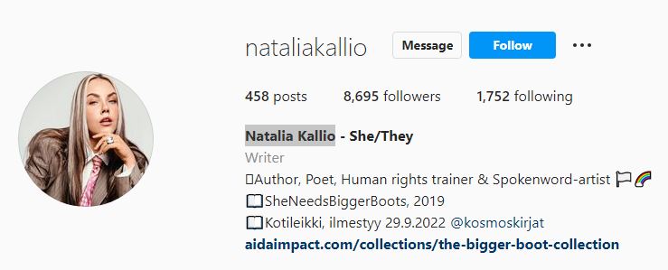 Natalia's Instagram profile