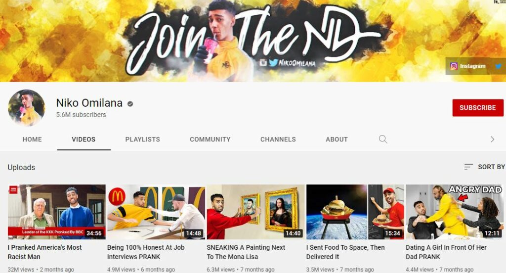 Niko Omilana YouTube channel
