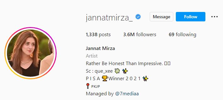 Jannat's Instagram account