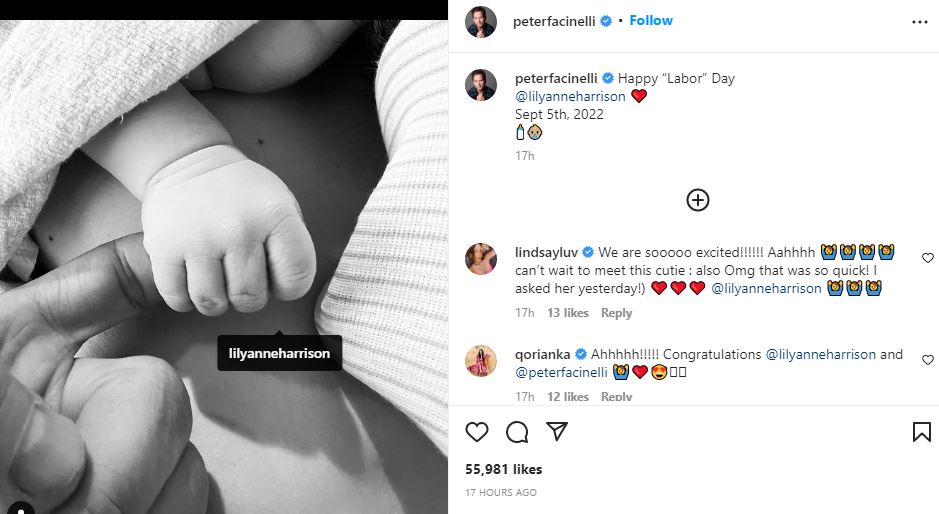 Lily Anne Harrison and Peter Facinelli welcomed a child