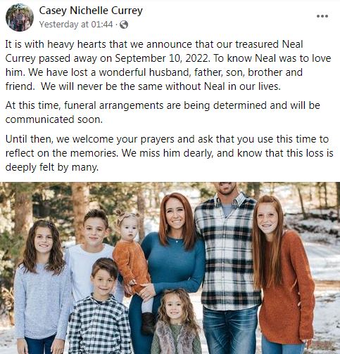 Neal Currey's death was announced by his wife Casey Nichelle Currey