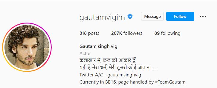 Gautam's Instagram account