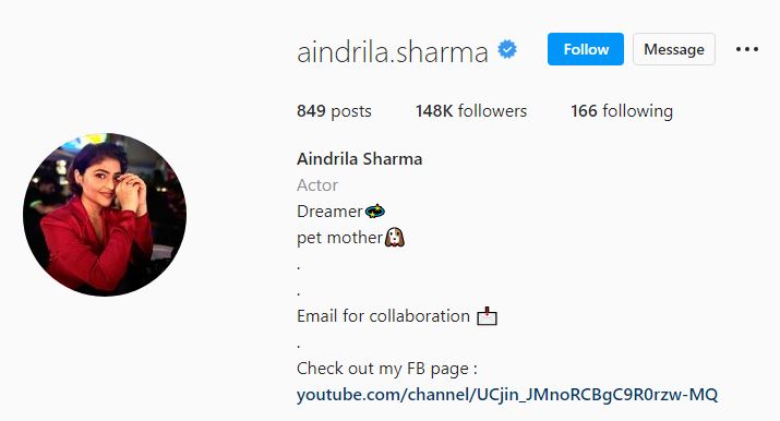 Aindrila's Instagram account