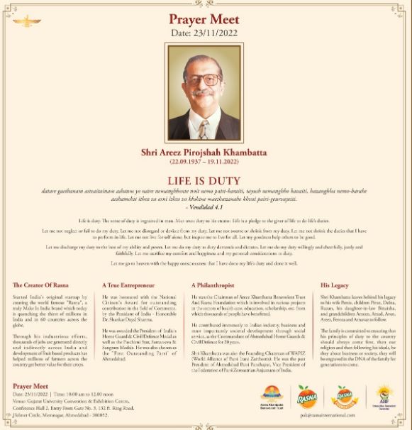 Areez Pirojshaw Khambatta obituary