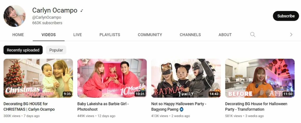Carlyn Ocampo YouTube channel
