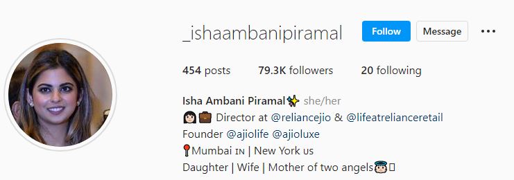 Isha's Instagram account