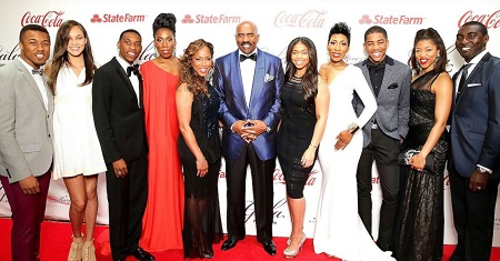 (L-R) Jason Harvey, Amanda Harvey, Broderick Harvey Jr., Brandi Harvey, Marjorie Harvey, Steve Harvey, Lori Harvey, Karli Harvey, Wynton Harvey, Morgan Hawthorne, and Kareem Hawthorne